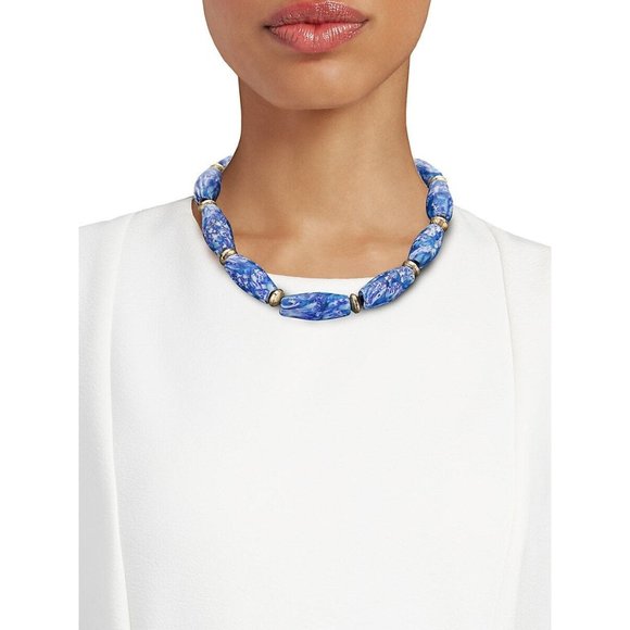 AKOLA Marbled Glass & Raffia Statement Choker Necklace - Blue Multi - Picture 5 of 5